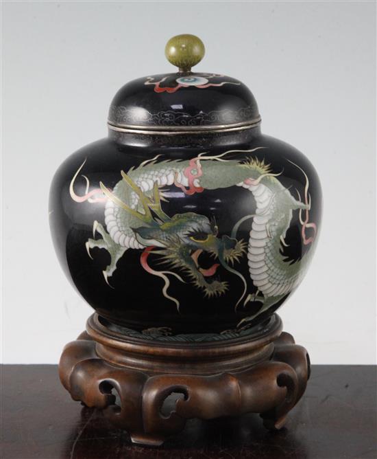 A Japanese silver wire cloisonne enamel dragon jar and cover, Nagoya school, Meiji period, 12.5cm diam., wood stand